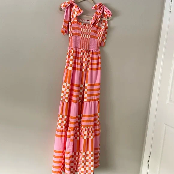 Pink & Orange Patchwork Maxi Dress Tie Strap Summer Dress Beach Vacation Dress - Picture 3 of 8